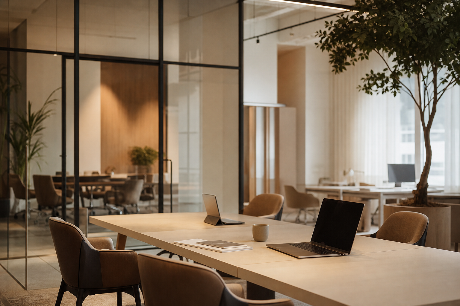 Modern IT marketing agency workspace with calm professional atmosphere