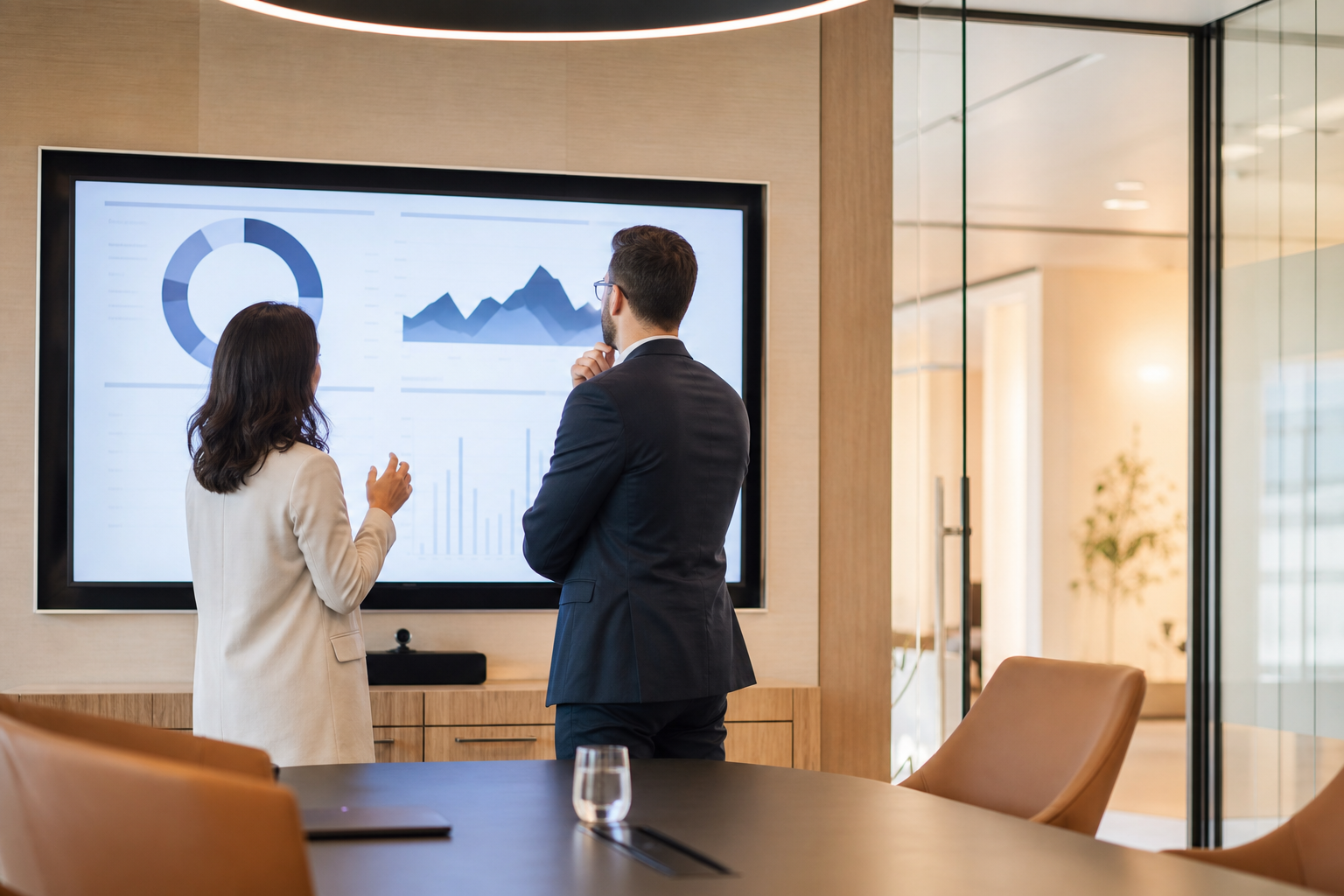 Strategic discussion between marketing partners in a modern meeting room