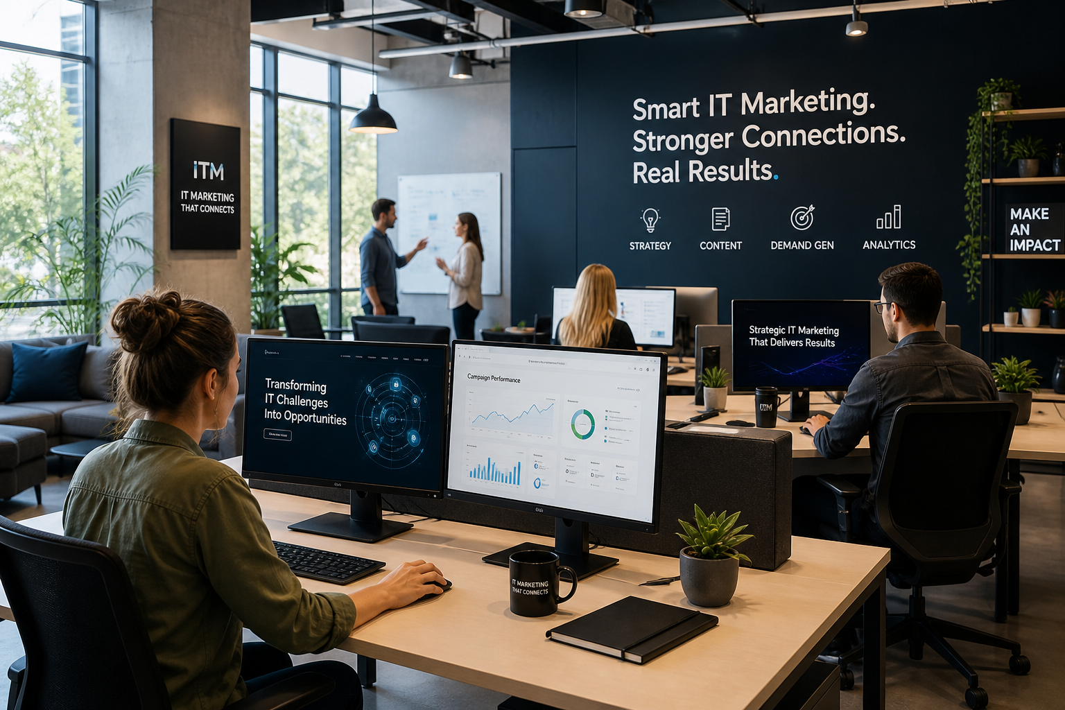 Modern IT marketing workspace with analytics dashboards