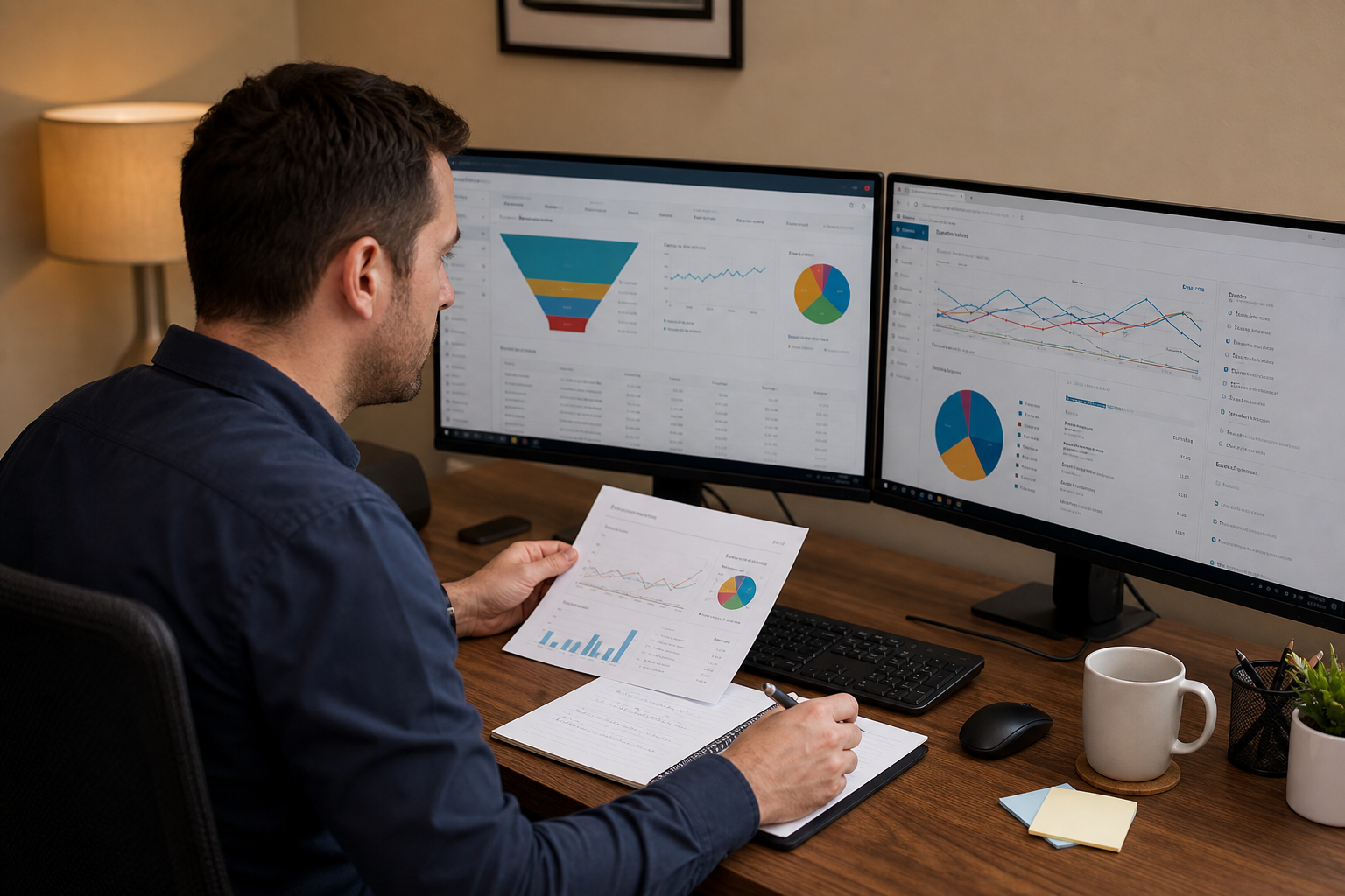 Analyst examining marketing performance dashboards and conversion reports