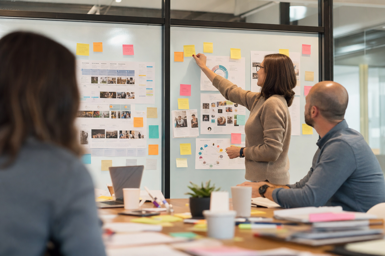Strategist mapping customer journey and market positioning on planning wall