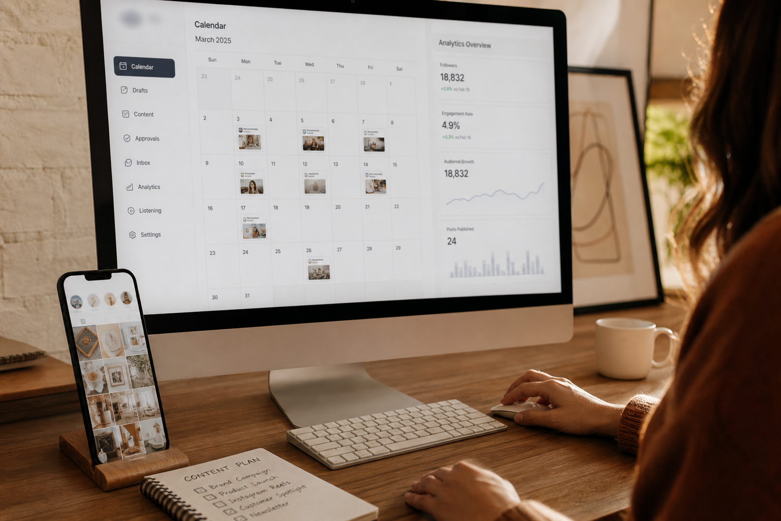 Manager scheduling social media content and reviewing engagement metrics