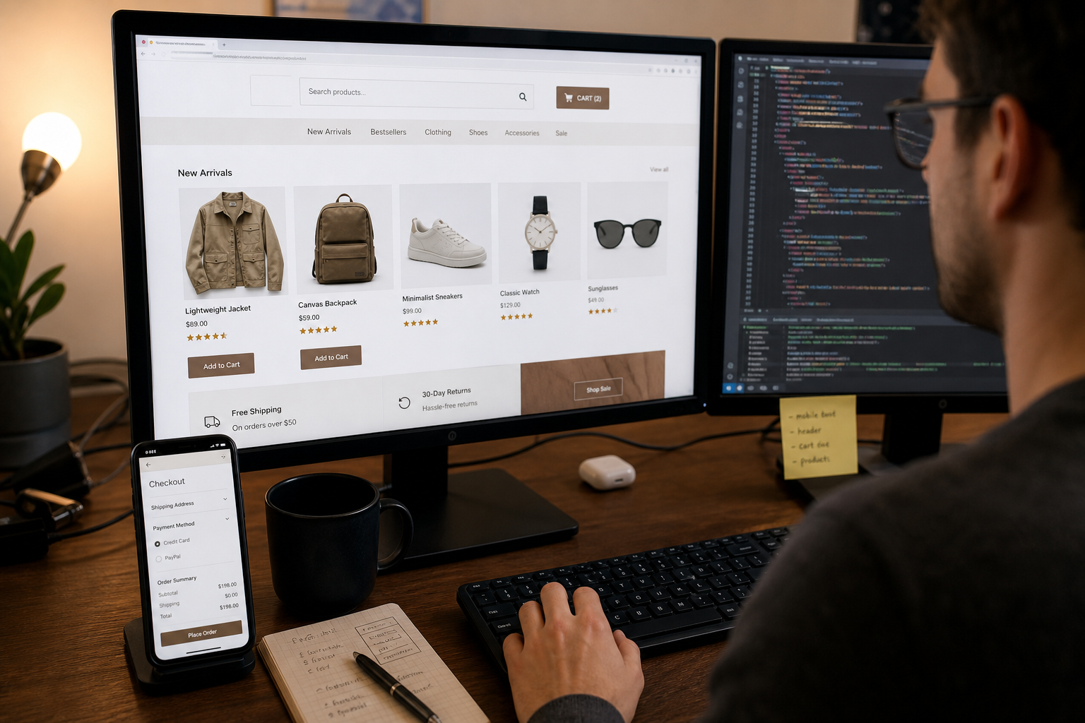Developer testing responsive e-commerce website on desktop and mobile devices
