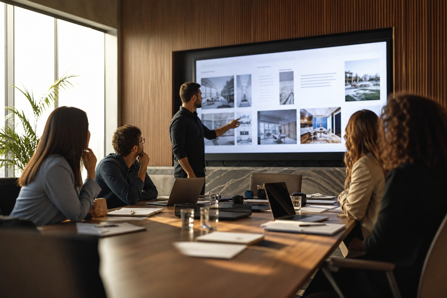Marketing team reviewing digital service capabilities in a modern office