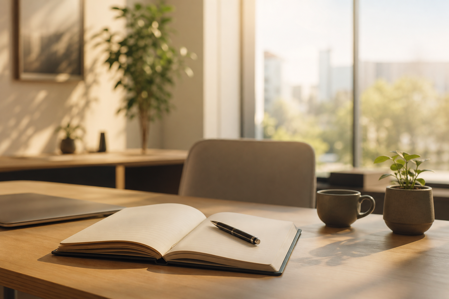 Thoughtful workspace reflecting principle and calm intention